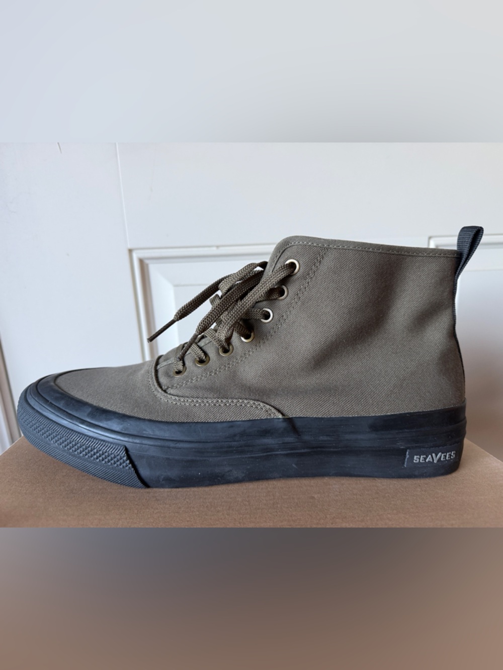 SeaVees Men’s Olive Green Canvas High-Top Sneakers with Black Sole